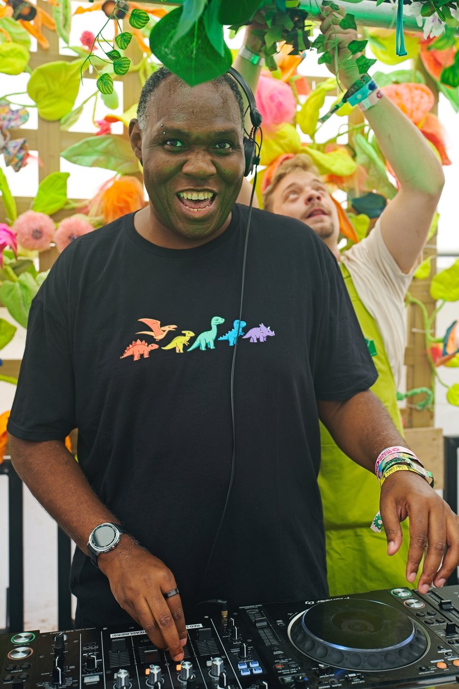 Rodderz grinning on the decks at Boomtown Fair Garden Centre Stage 2025